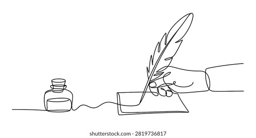 Continuous line drawing of a hand holding a feather quill pen writing on a piece of paper next to a glass inkwell bottle for creative writing Vector, illustration