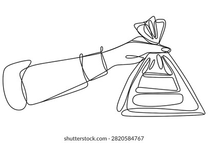 Continuous line drawing of a hand holding a plastic shopping bag Vector, illustration