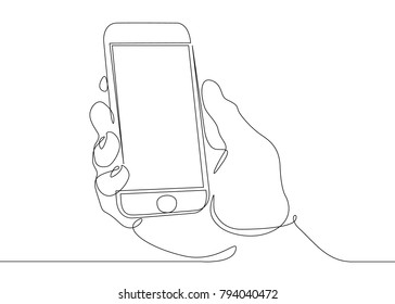 Continuous line drawing of hand holding smartphone mobile device