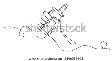 continuous line drawing of hand holding an e-cigarette.one line drawing of vaping e-cigarette.minimalist line modern smoking device.single line vector illustration