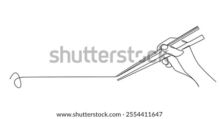 continuous line drawing of a hand holding wooden chopsticks.one line drawing of a hand with chopsticks preparing to take food.single line vector illustration.isolated white background