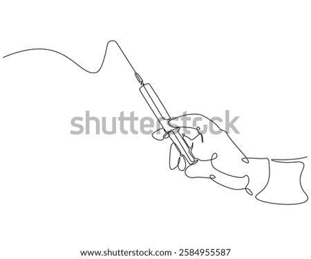 Continuous line drawing of hand holding syringe for vaccine. Single line illustration of medical syringe hold by hand. Healthcare and medical concept. Editable outline