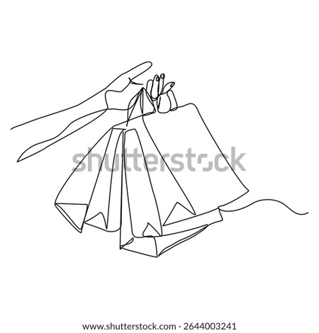 Continuous line drawing of hand holding paper shopping bags. Vector illustration sketch art editable stroke of shopper big sale consumerism concept