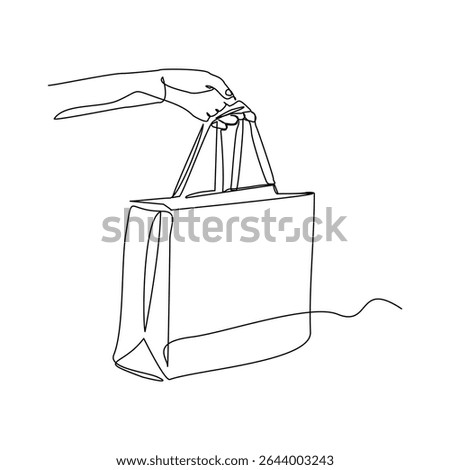 Continuous line drawing of hand holding paper shopping bags. Vector illustration sketch art editable stroke of shopper big sale consumerism concept