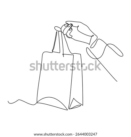 Continuous line drawing of hand holding paper shopping bags. Vector illustration sketch art editable stroke of shopper big sale consumerism concept