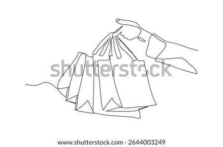 Continuous line drawing of hand holding paper shopping bags. Vector illustration sketch art editable stroke of shopper big sale consumerism concept
