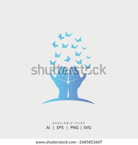 Continuous line drawing of hand holding butterfly vector, Abstract minimalist hand and butterfly logo design, Hope transformation nature conservation vector symbol