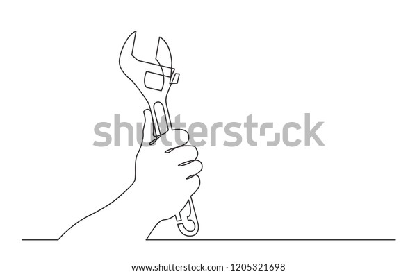continuous line drawing of hand holding adjustable wrench spanner