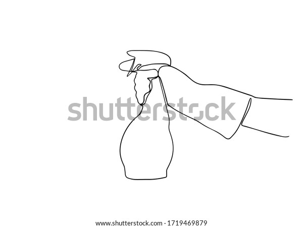 continuous line drawing of a hand holding sprayer. Cleaning, washing