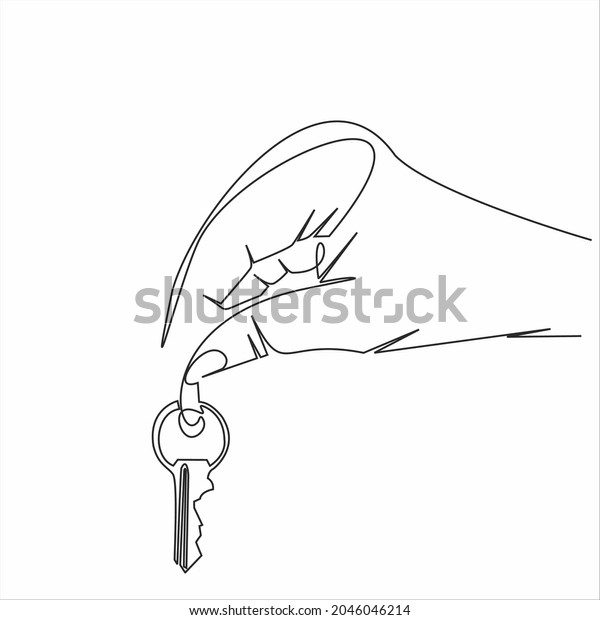 \
Continuous line drawing. Hand holding\
car or apartment keys. Black lines on a white\
background.