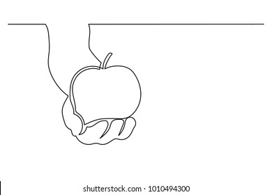 Continuous line drawing. A hand holds an apple. Drawing by hand. Lines on a white background.