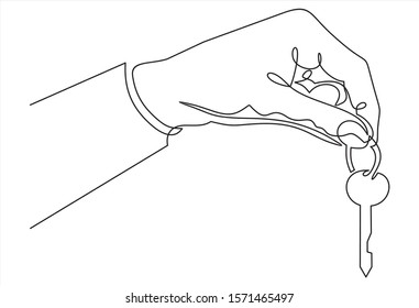 Continuous line drawing. The hand holds the keys to the car or apartment.
