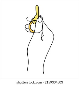 Dibujo continuo de líneas. La mano sostiene las llaves del auto o del apartamento. Concepto de venta inmobiliaria. Ilustración del vector aislada en fondo blanco