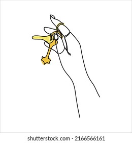 Continuous line drawing. The hand holds the keys to the car or apartment. Real estate sale concept. Vector illustration isolated on white background