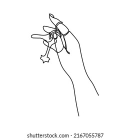 Dibujo continuo de líneas. La mano sostiene las llaves del auto o del apartamento. Concepto de venta inmobiliaria. Ilustración del vector aislada en fondo blanco