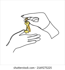 Dibujo continuo de líneas. La mano sostiene las llaves del auto o del apartamento. Concepto de venta inmobiliaria. Ilustración del vector aislada en fondo blanco