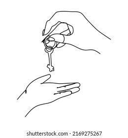 Dibujo continuo de líneas. La mano sostiene las llaves del auto o del apartamento. Concepto de venta inmobiliaria. Ilustración del vector aislada en fondo blanco