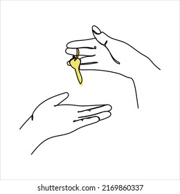 Dibujo continuo de líneas. La mano sostiene las llaves del auto o del apartamento. Concepto de venta inmobiliaria. Ilustración del vector aislada en fondo blanco