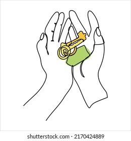 Continuous line drawing. The hand holds the keys to the car or apartment. Real estate sale concept. Vector illustration isolated on white background