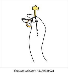 Dibujo continuo de líneas. La mano sostiene las llaves del auto o del apartamento. Concepto de venta inmobiliaria. Ilustración del vector aislada en fondo blanco