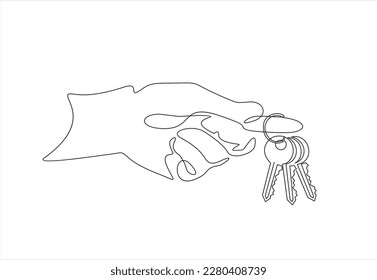 Continuous line drawing. The hand holds the key.  Lines black on white background.