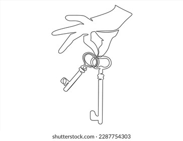 Continuous line drawing. The hand holds the keys to the car or apartment. Lines black on white background.	