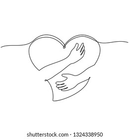 continuous line drawing of hand hugging heart, hug. Vector