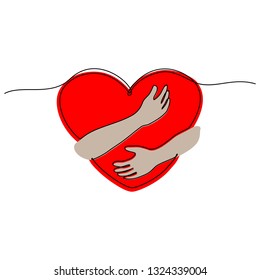 continuous line drawing of hand hugging heart, hug. Vector