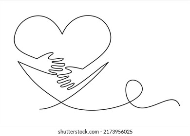 continuous line drawing of hand hugging heart, hug. Vector