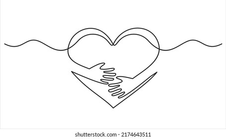 continuous line drawing of hand hugging heart, hug. Vector