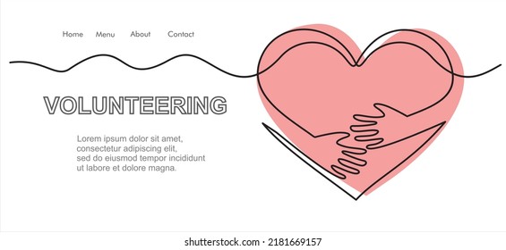 continuous line drawing of hand hugging heart, hug. Volunteering hands with heart.  Illustration with quote template. Can used for logo, emblem, slide show and banner.