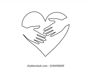 continuous line drawing of hand hugging heart, hug. Vector