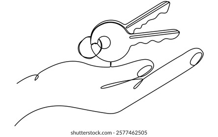 Continuous line drawing hand with keys. Private security symbol. Vector illustration isolated on white.