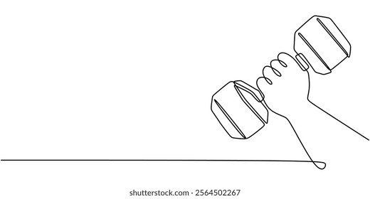 Continuous line drawing of a hand lifting a barbell, showcasing athleticism and a commitment to a healthy lifestyle. Minimalist design for fitness enthusiasts. Vector illustration hand drawn.