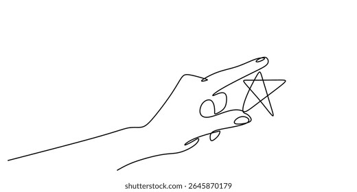 Continuous line drawing of a hand lifting a star symbolizing skill potential, great for an employee award or a talent show graphic.