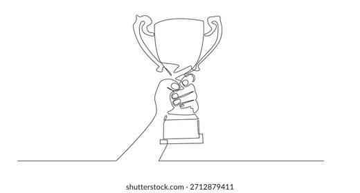 Línea continua que dibuja la copa de trofeo de elevación de la mano en un gesto victorioso. Ilustración de una sola línea que representa la celebración del éxito, la motivación y el espíritu de campeón.