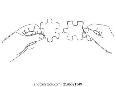 
Continuous line drawing of hand Merge Two Pieces Puzzle isolated on white background.