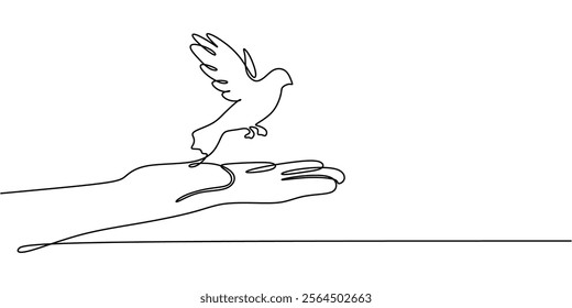 Continuous line drawing of a hand offering a dove. Representing hope, reconciliation, and the spread of peace. Vector illustration one line art minimalist.