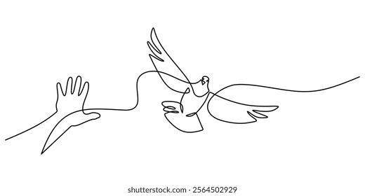 Continuous line drawing of a hand offering a dove. Representing hope, reconciliation, and spreading peace. Vector illustration one line art minimalist.