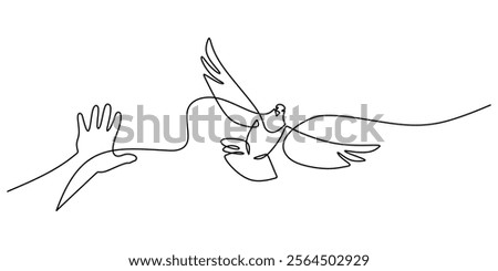 Continuous line drawing of a hand offering a dove. Representing hope, reconciliation, and spreading peace. Vector illustration one line art minimalist.