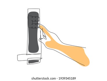 Continuous line, drawing of Hand open door digital and access control in a condo, minimalist,