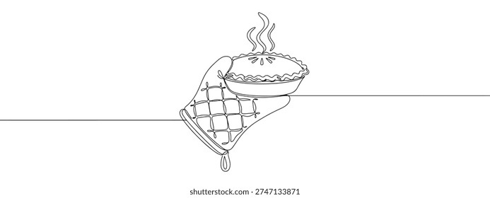 Continuous line drawing of a hand in an oven mitt holding a hot pie, symbolizing home baking and fresh food, isolated on a white background.