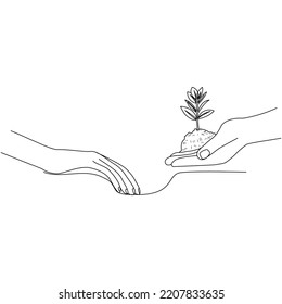 Continuous line drawing. Hand palms together with growth plants. Vector illustration