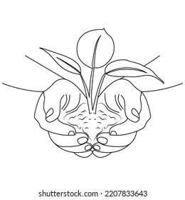 Continuous line drawing. Hand palms together with growth plants. Vector illustration