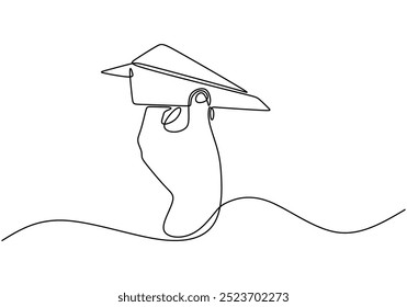 Durchgehende Linienzeichnung einer Hand mit einem Papierflugzeug. Einfache und elegante Darstellung von Verspieltheit. Vektorgrafik.