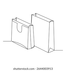 Desenho de linha contínua de sacos de compras de papel de mão. Ilustração vetorial esboço arte editável traço do consumidor grande venda do comprador conceito de consumismo