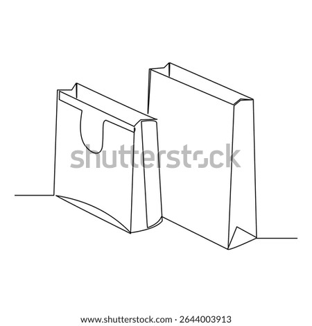 Continuous line drawing of hand paper shopping bags. Vector illustration sketch art editable stroke of shopper big sale consumerism concept
