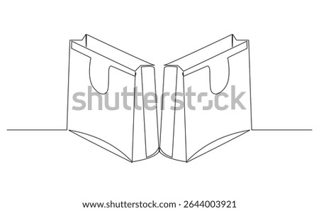 Continuous line drawing of hand paper shopping bags. Vector illustration sketch art editable stroke of shopper big sale consumerism concept