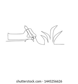 continuous line drawing of hand with pen. isolated sketch drawing of hand with pen line concept. outline thin stroke vector illustration