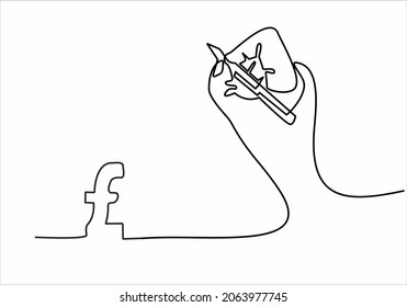 Continuous line drawing. Hand with pen drawing pound sterling money. Vector illustration